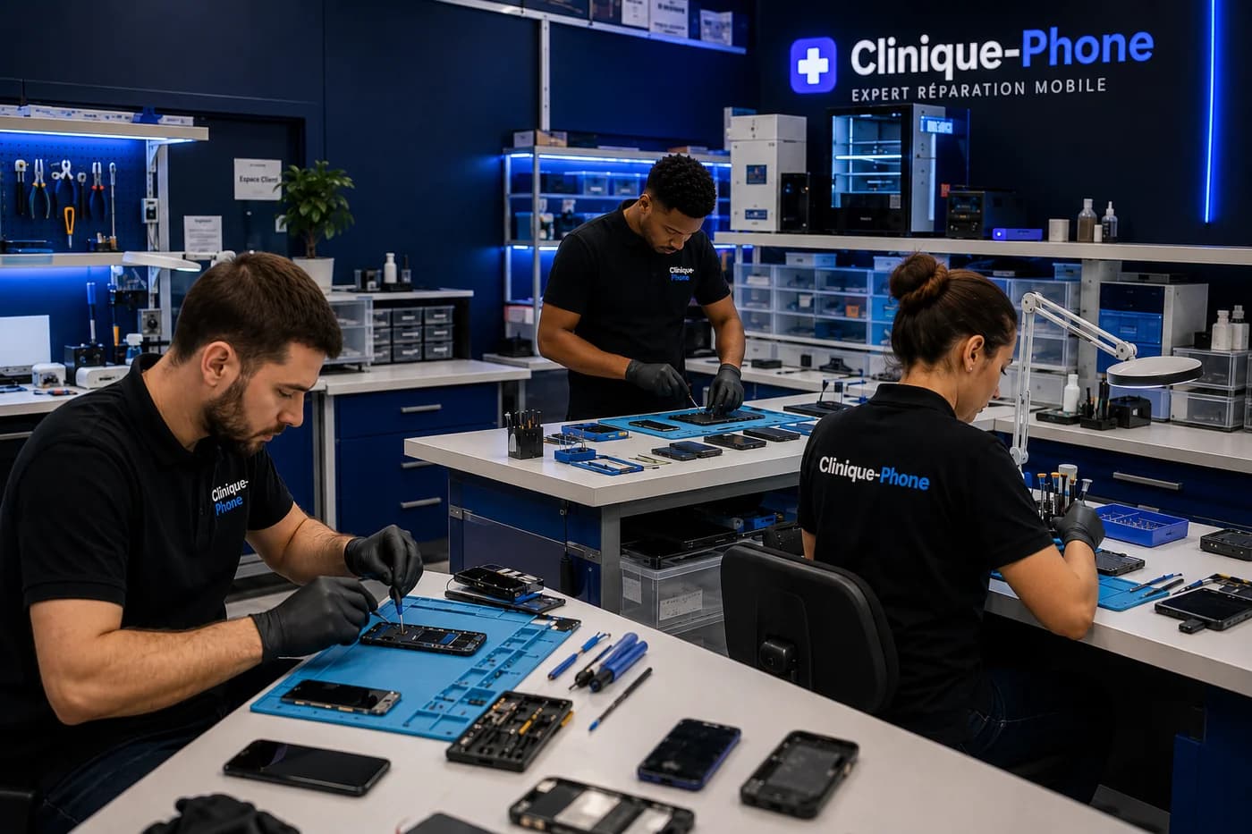 Atelier Clinique Phone — techniciens en train de réparer des smartphones